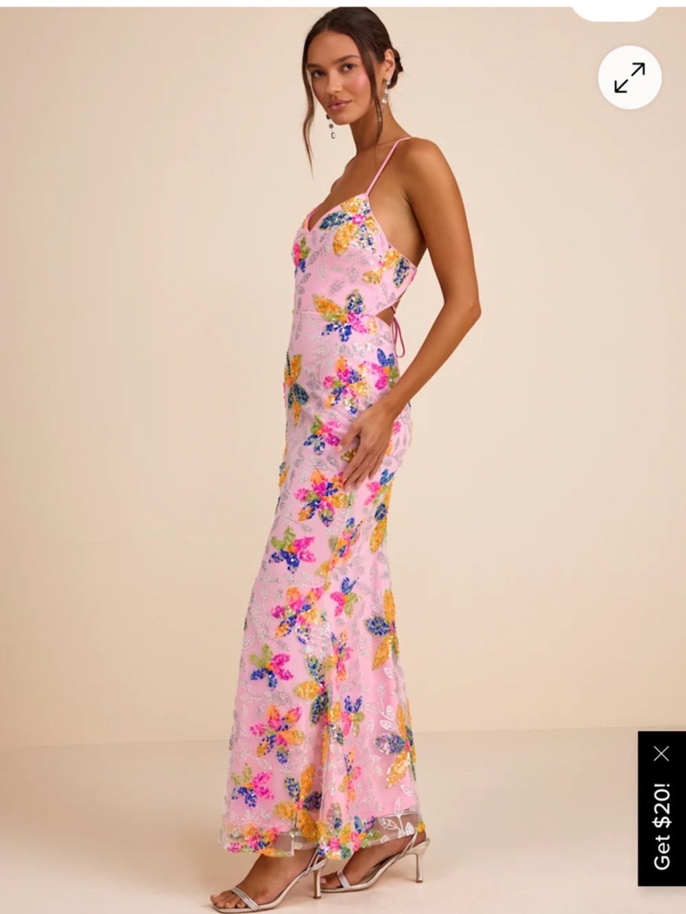 Lulu's Pink Floral Sequin Spaghetti-Strap Evening Gown - NWT size medium